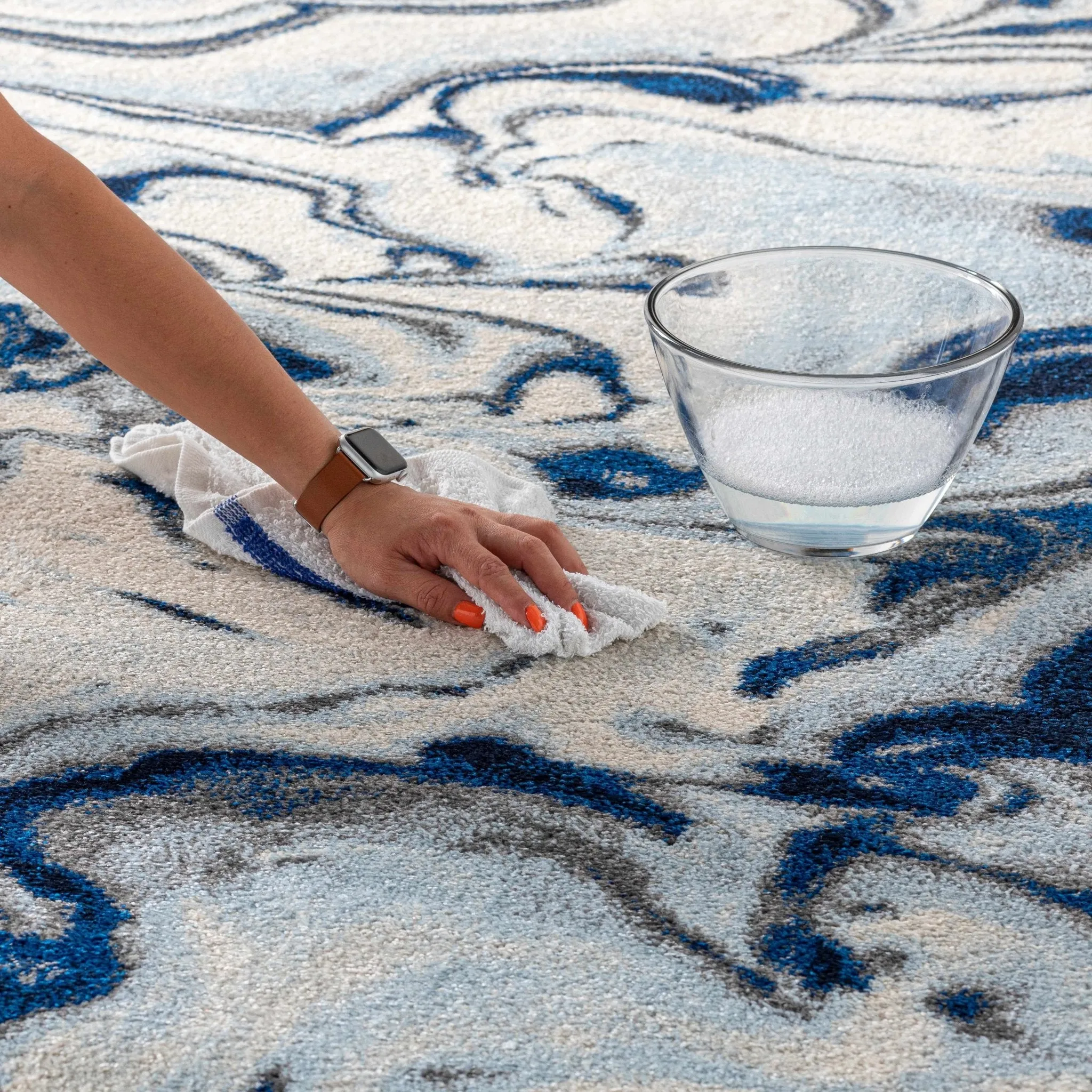 Blue, Ivory and Charcoal Modern Abstract marble Design Area Rug