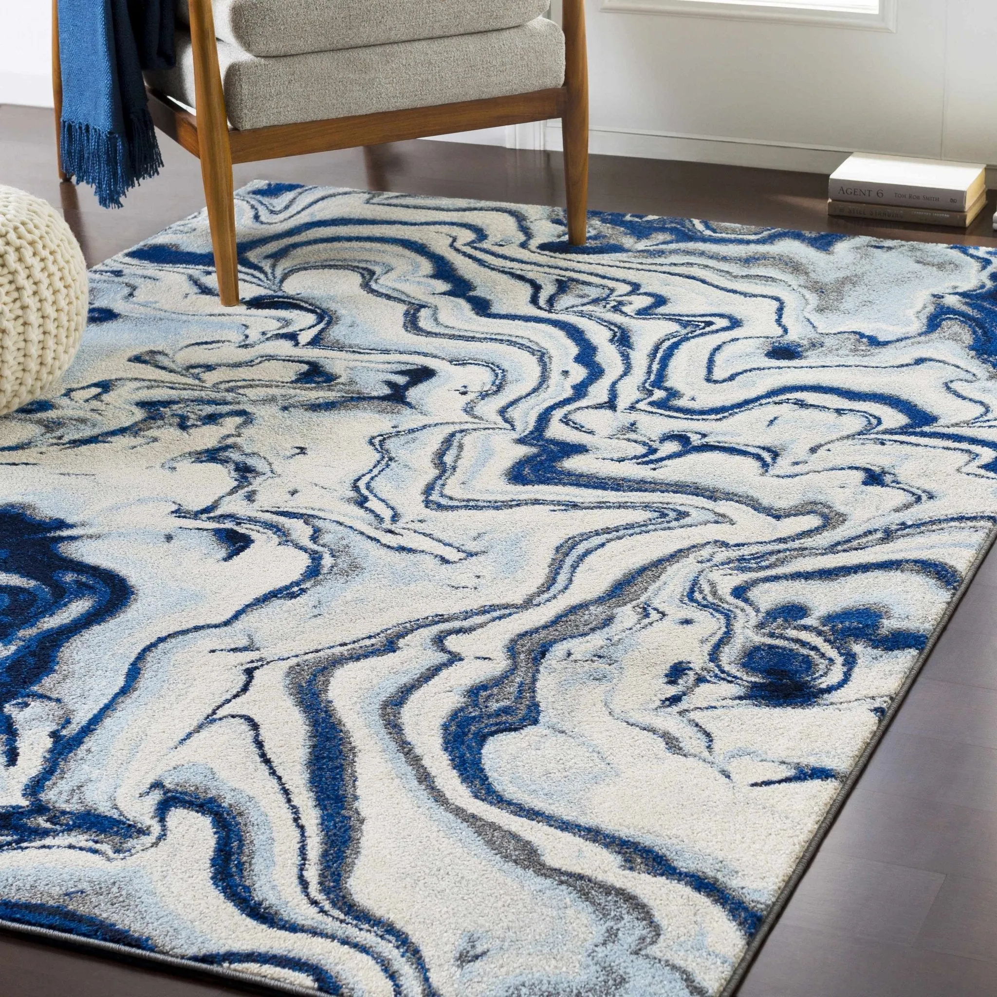 Blue, Ivory and Charcoal Modern Abstract marble Design Area Rug
