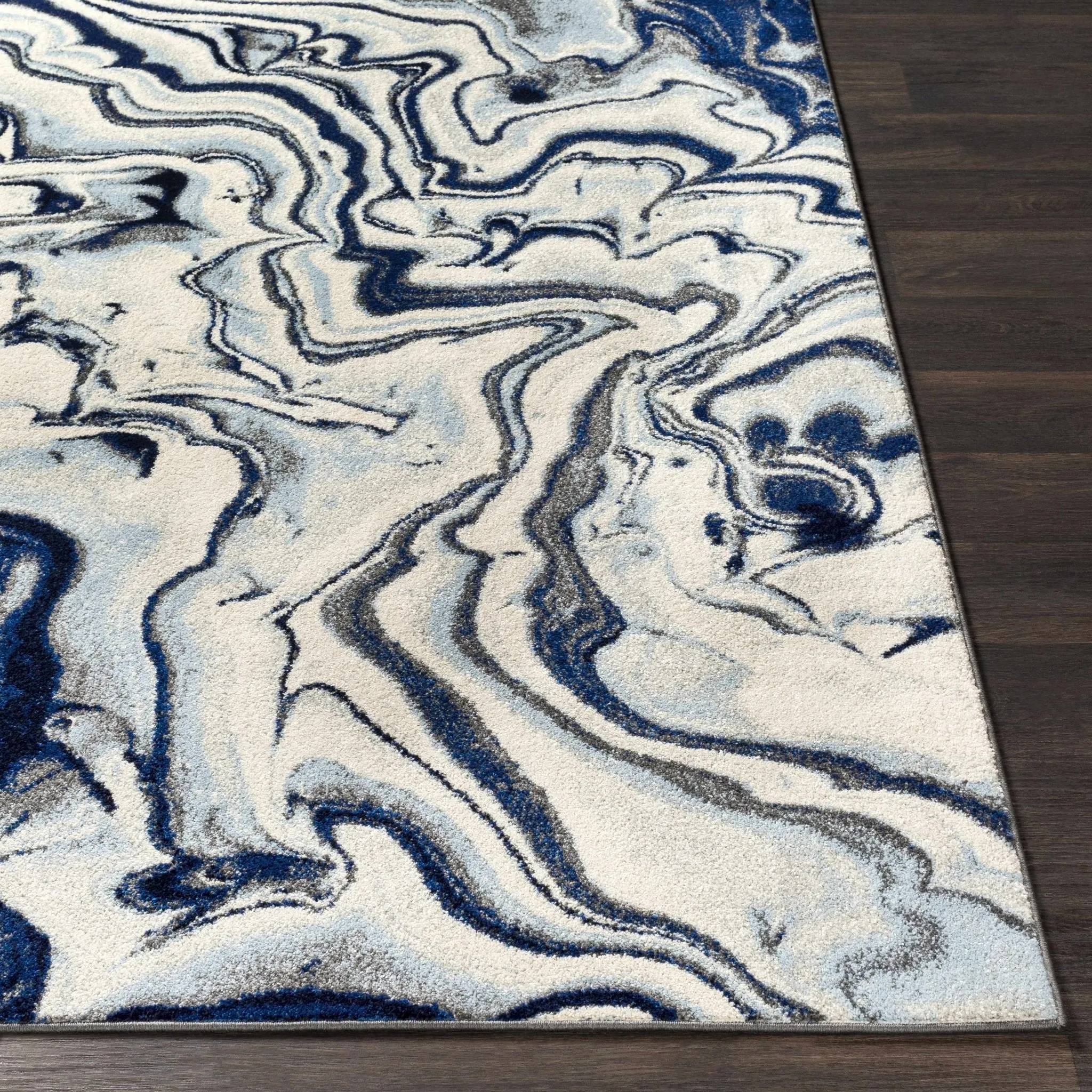 Blue, Ivory and Charcoal Modern Abstract marble Design Area Rug