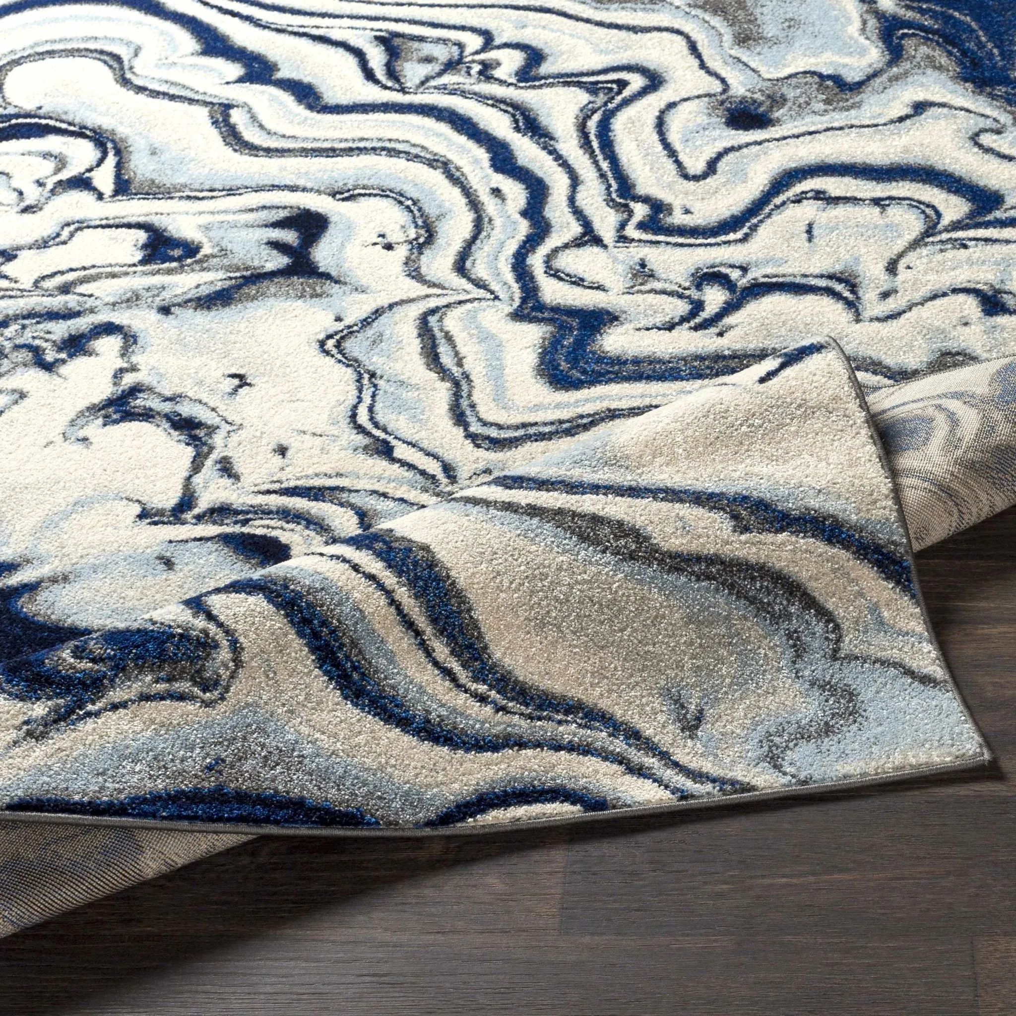 Blue, Ivory and Charcoal Modern Abstract marble Design Area Rug
