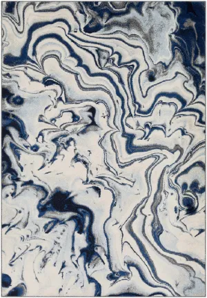 Blue, Ivory and Charcoal Modern Abstract marble Design Area Rug