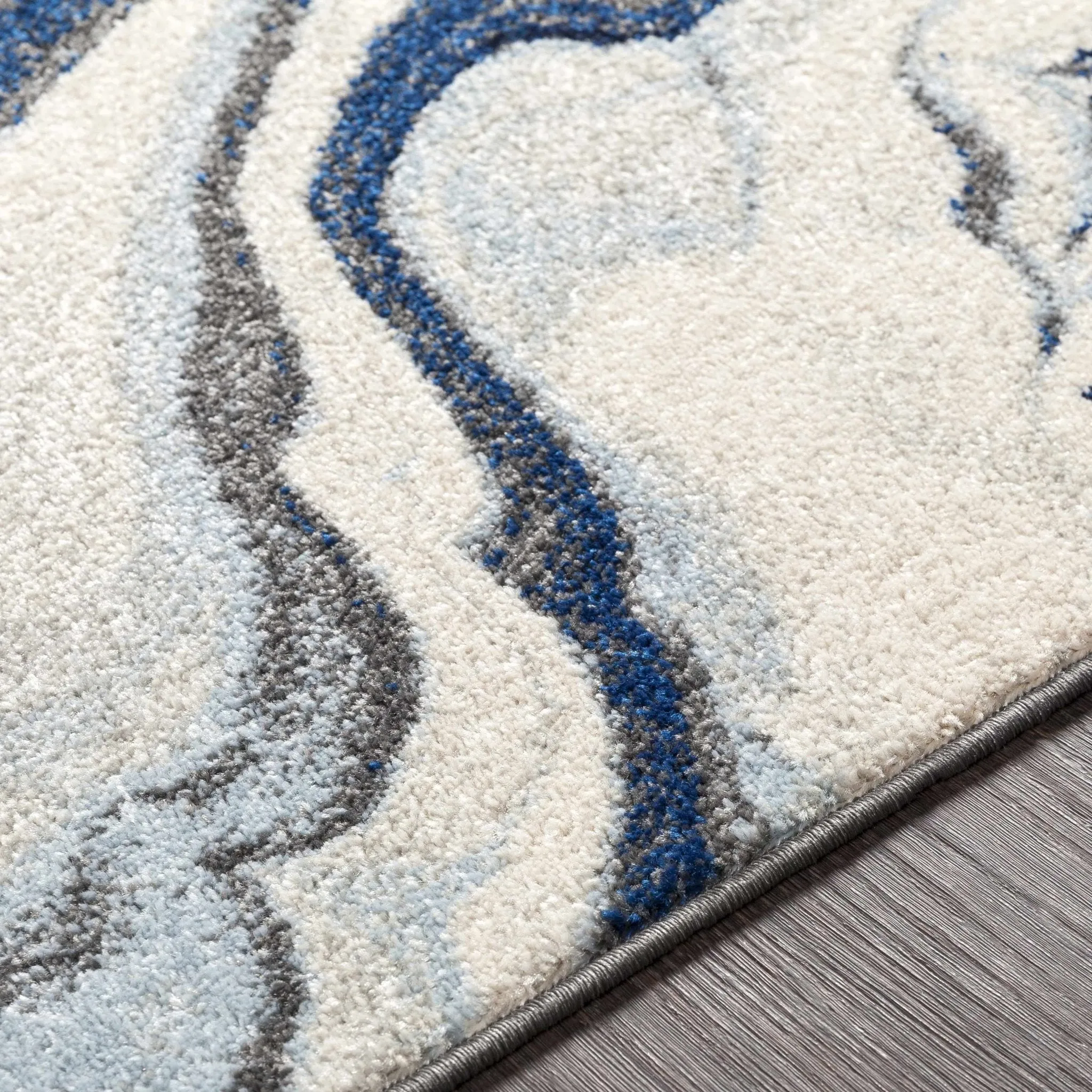 Blue, Ivory and Charcoal Modern Abstract marble Design Area Rug