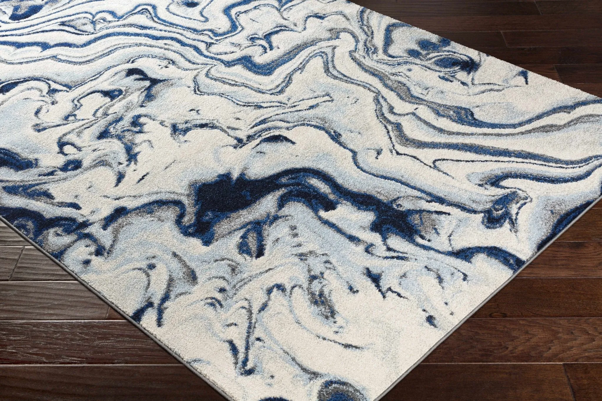 Blue, Ivory and Charcoal Modern Abstract marble Design Area Rug