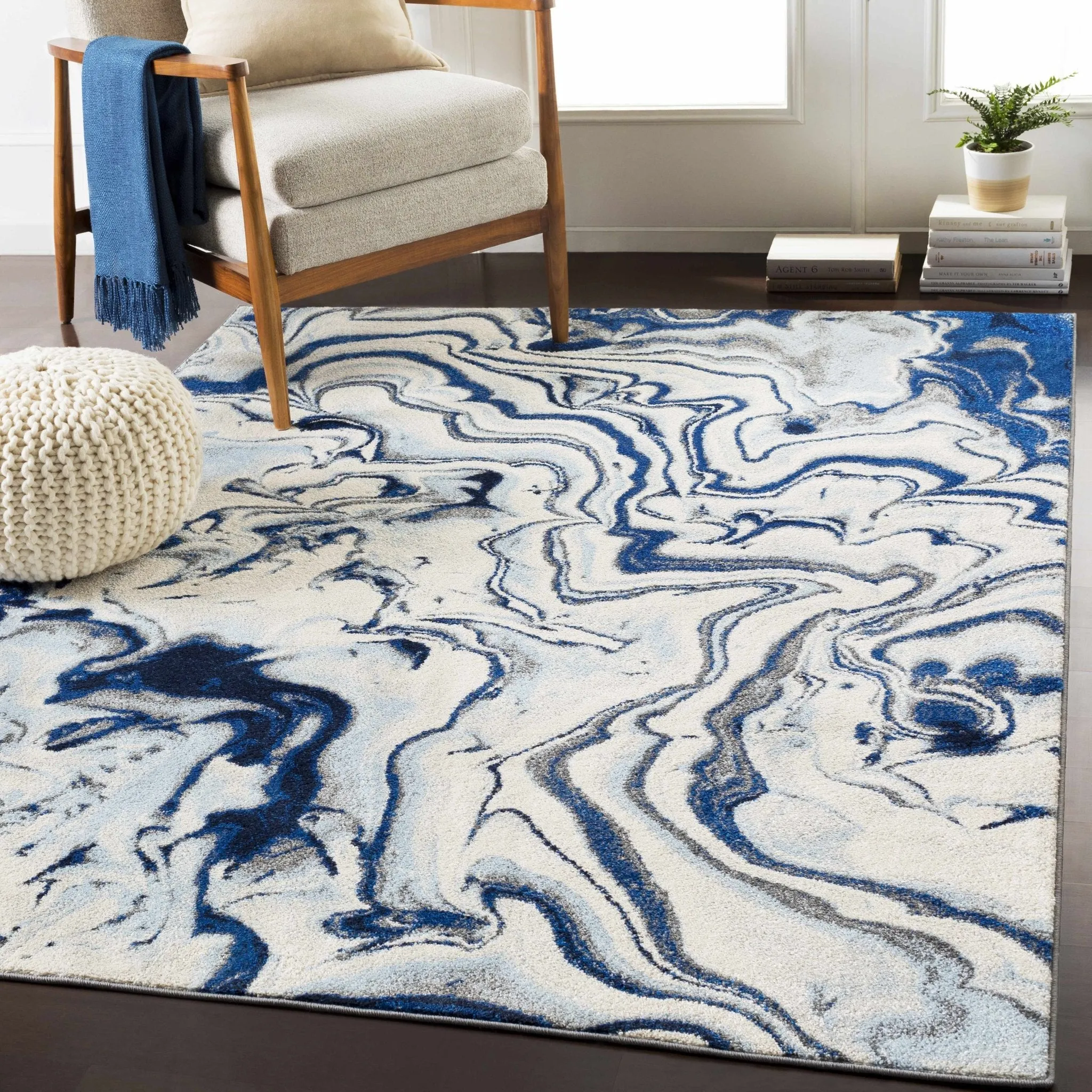 Blue, Ivory and Charcoal Modern Abstract marble Design Area Rug