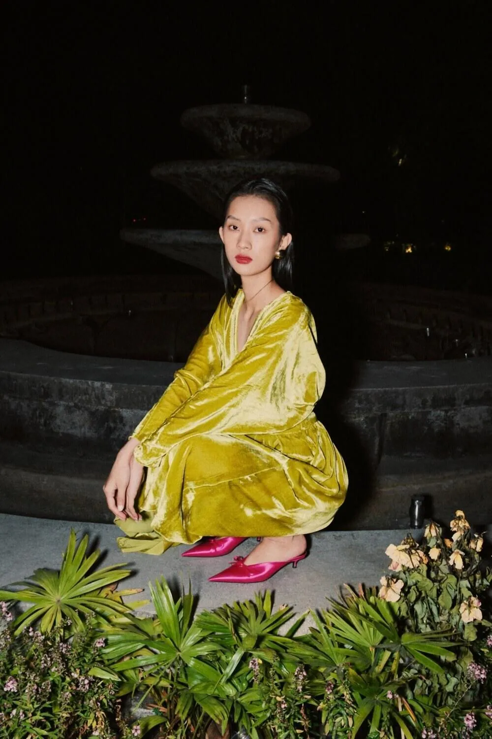 Kimo Gathered V-Neck Velvet Midi Dress