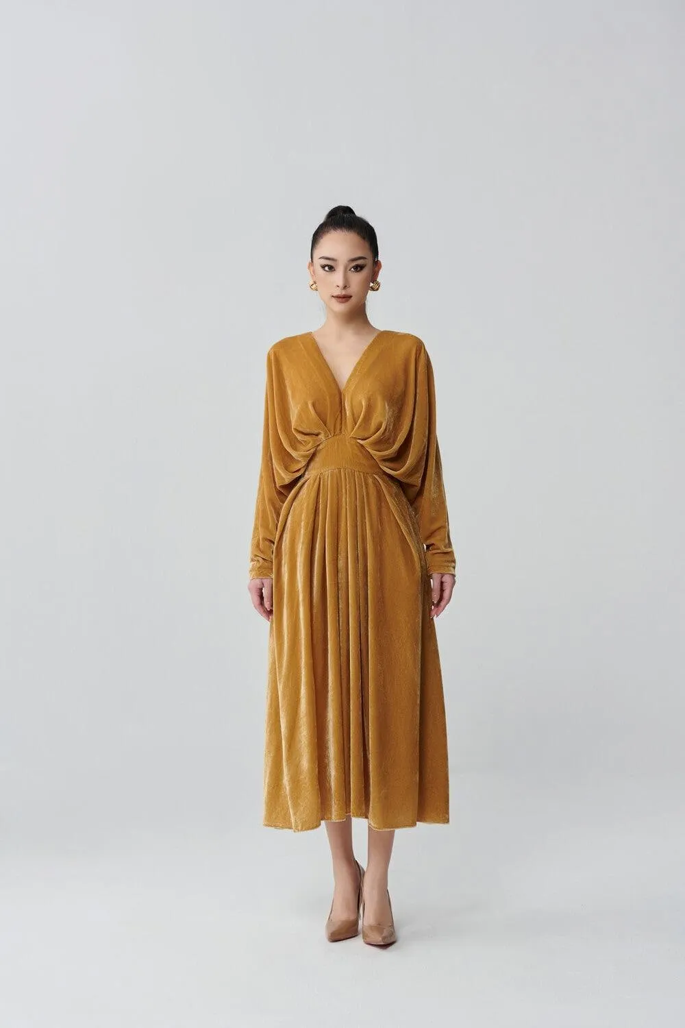 Kimo Gathered V-Neck Velvet Midi Dress