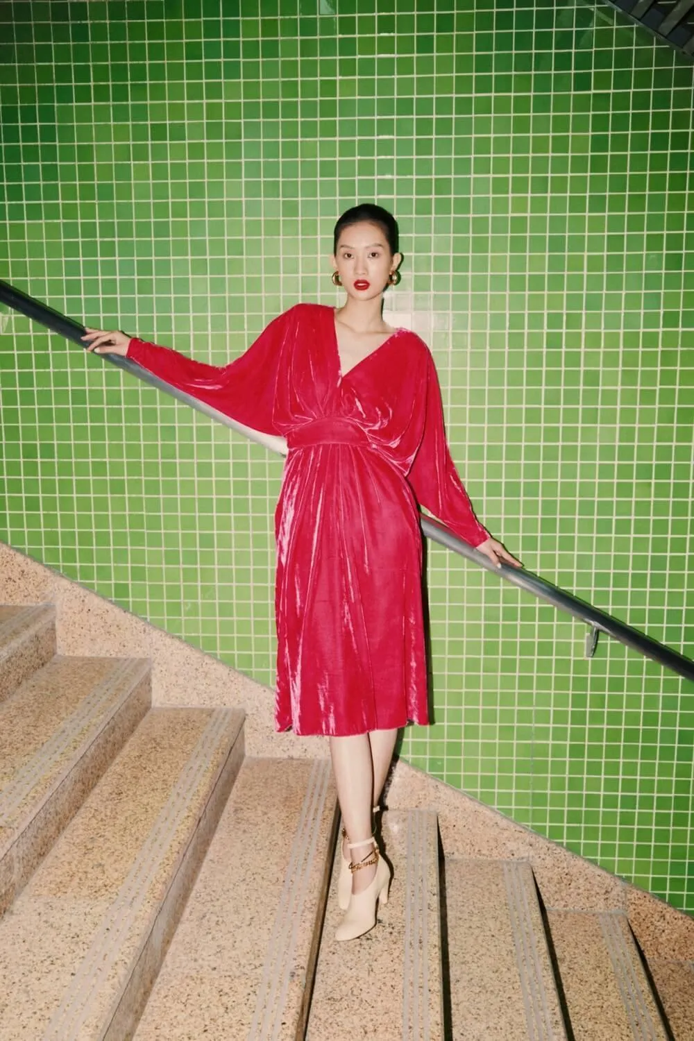Kimo Gathered V-Neck Velvet Midi Dress