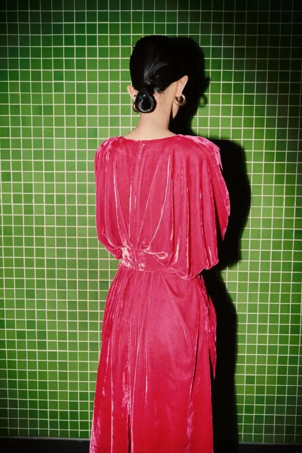 Kimo Gathered V-Neck Velvet Midi Dress