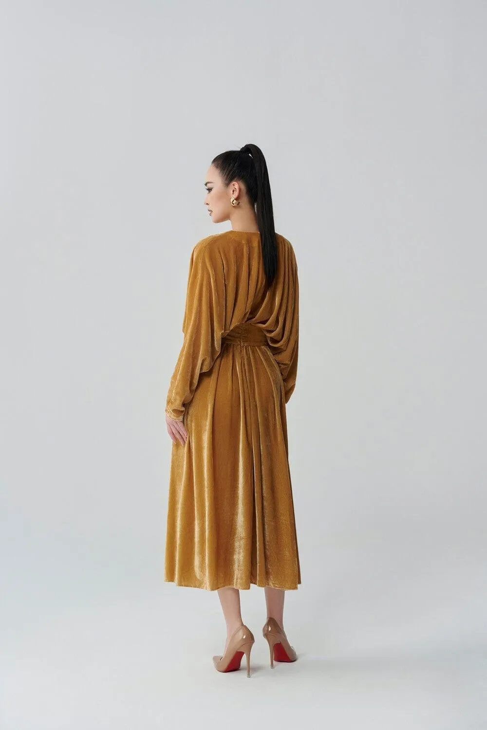 Kimo Gathered V-Neck Velvet Midi Dress