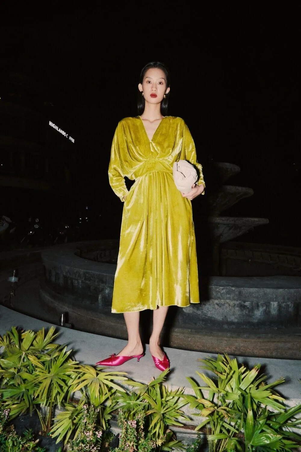 Kimo Gathered V-Neck Velvet Midi Dress