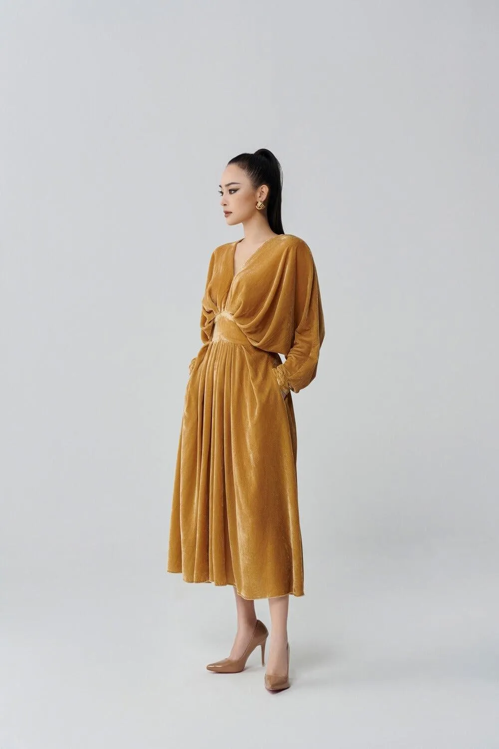 Kimo Gathered V-Neck Velvet Midi Dress