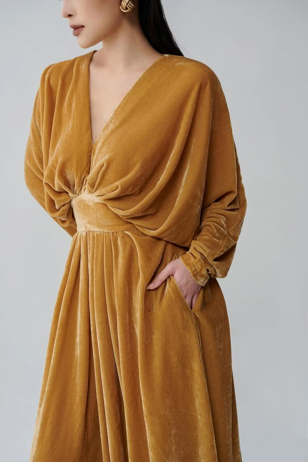 Kimo Gathered V-Neck Velvet Midi Dress