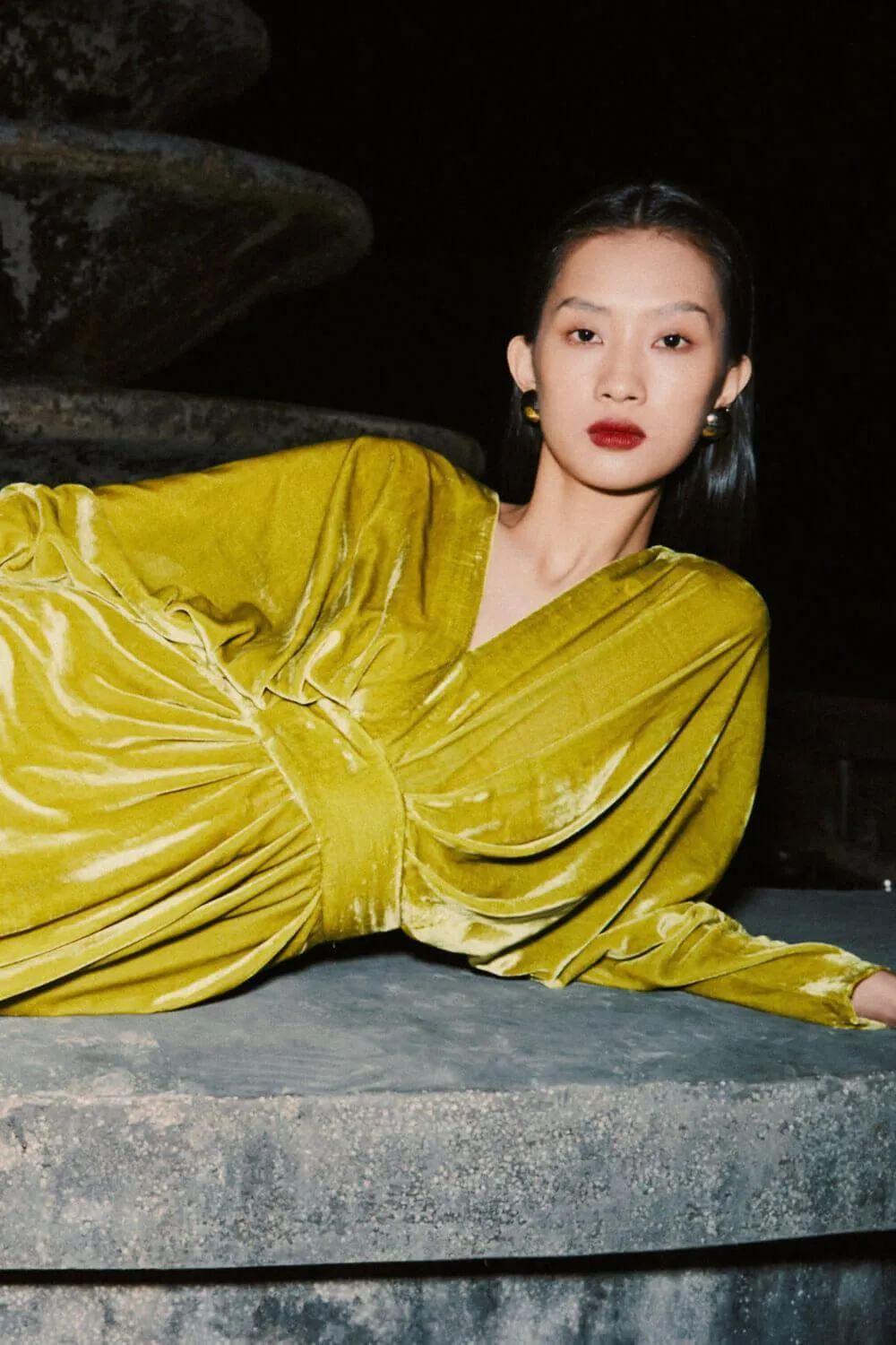 Kimo Gathered V-Neck Velvet Midi Dress