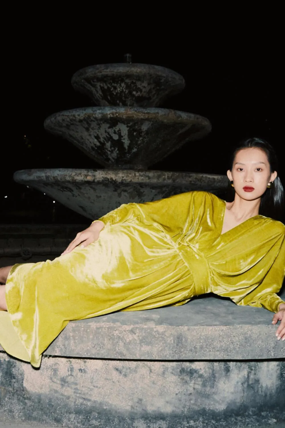 Kimo Gathered V-Neck Velvet Midi Dress
