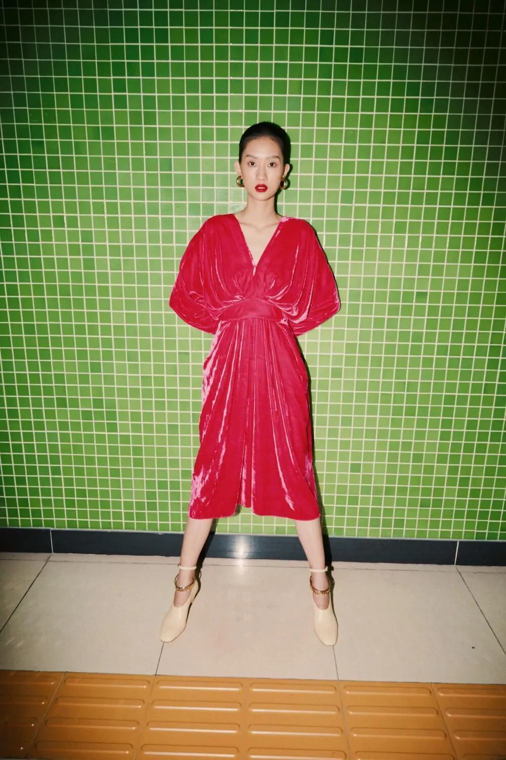 Kimo Gathered V-Neck Velvet Midi Dress