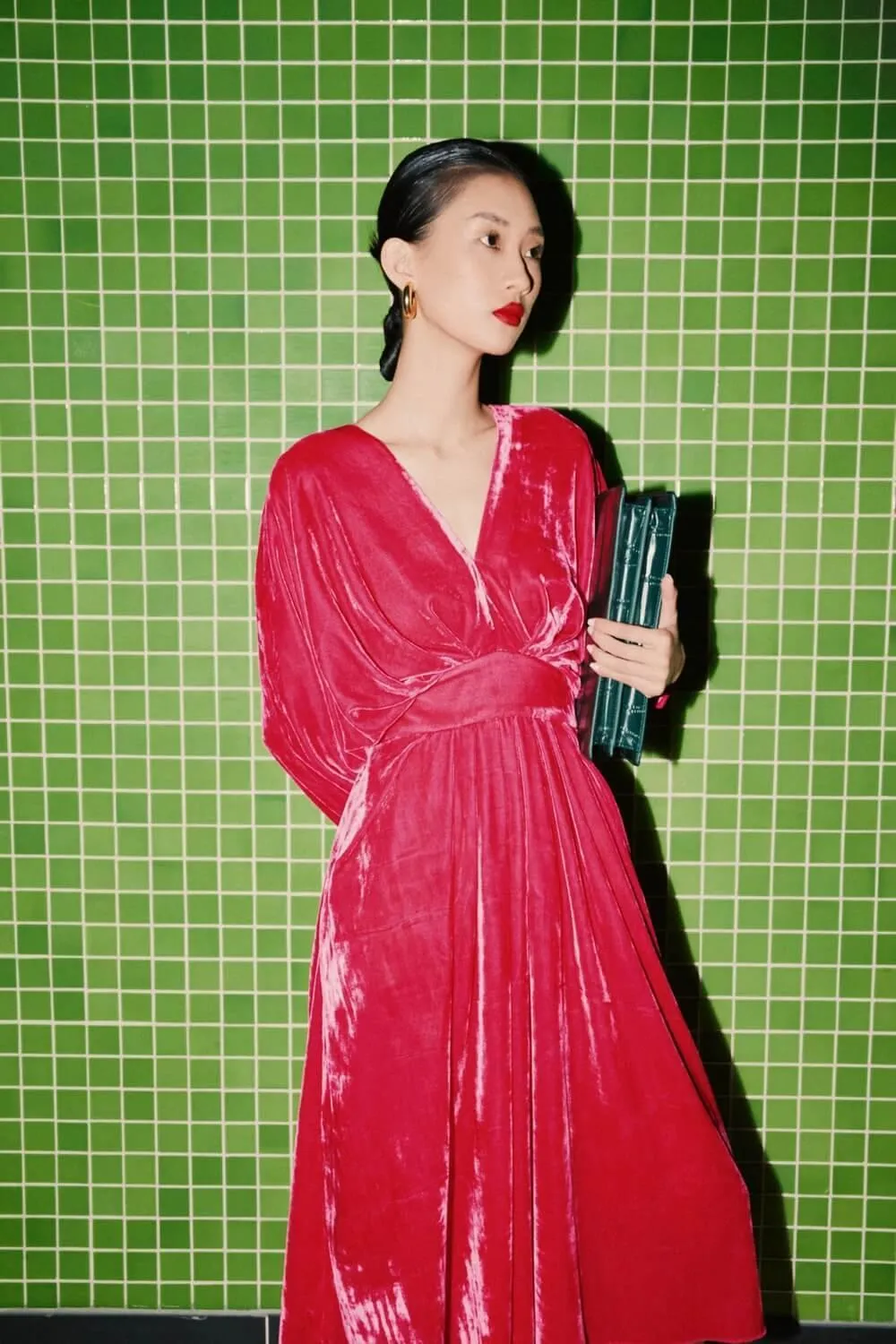 Kimo Gathered V-Neck Velvet Midi Dress