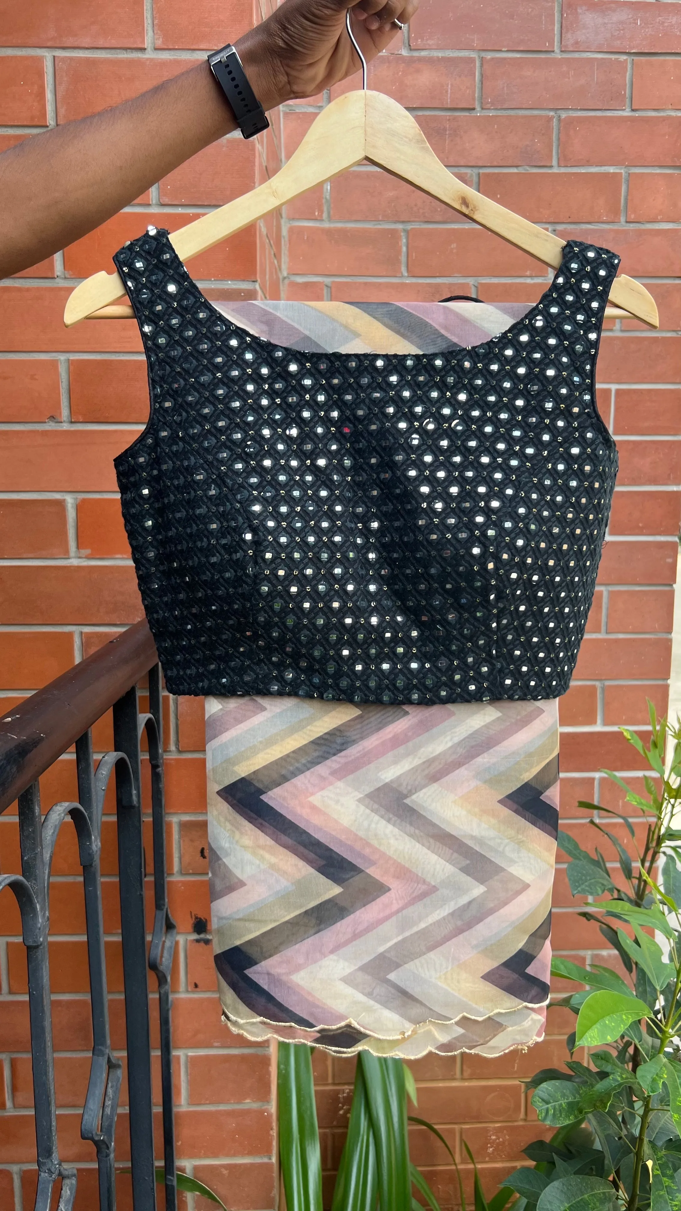 Multi organza saree with black mirror worked blouse