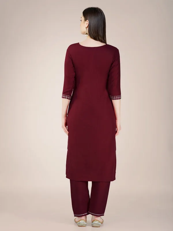 Womens Embroidered Maroon Cotton Blend Kurta Pant Set
