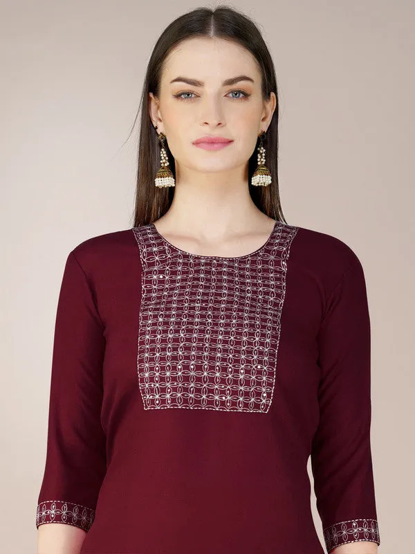 Womens Embroidered Maroon Cotton Blend Kurta Pant Set