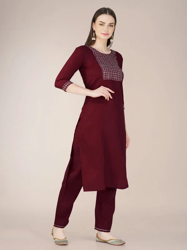 Womens Embroidered Maroon Cotton Blend Kurta Pant Set