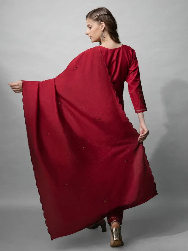 Womens Maroon Embroidered Cotton Blend Kurta Pant Set With Dupatta