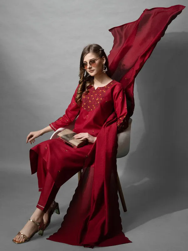 Womens Maroon Embroidered Cotton Blend Kurta Pant Set With Dupatta